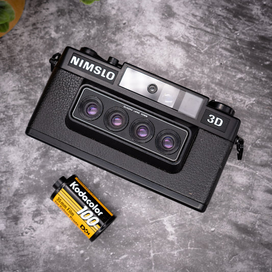 35mm Film Point & Shoot Camera Kit | Nimslo 3D + Roll Of Expired Film, Canon Flash