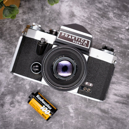 35mm Film Camera Kit | Praktica Super TL + Helios 44-2 58mm f/2 Lens, Roll Of Expired Film, Original Leather Case - Expired Film Club